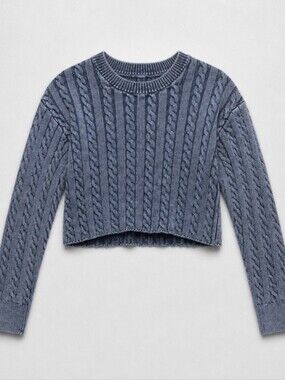 Aerie Cropped Cable Knit Sweater Washed Blue Size Medium